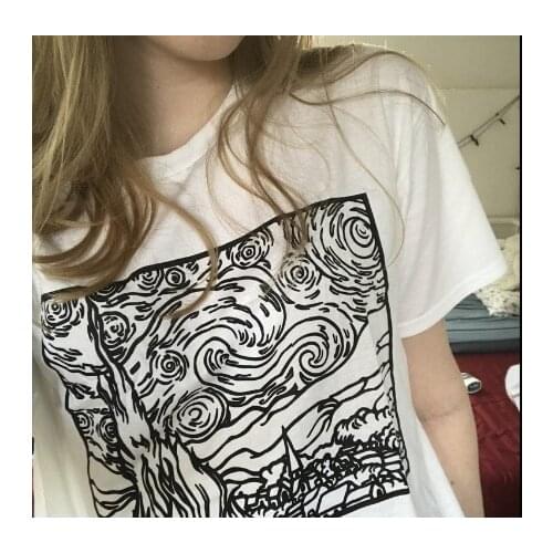 HAHAYULE Summer Unisex Tumblr Fashion Top Tee Starry Night Outline Van Gogh Art Graphic T-Shirt Casual Tops Short Sleeve