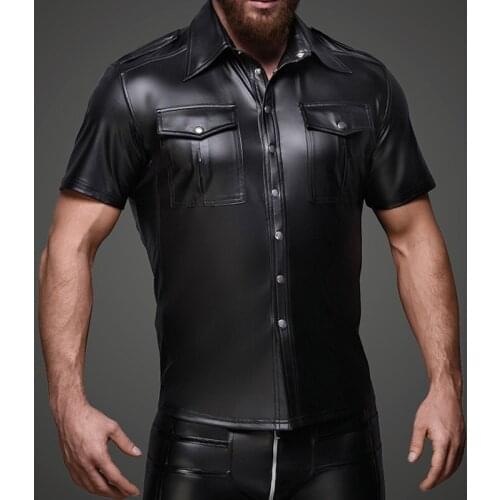Men PU Leather T Shirts Men Sexy Fitness Tops Gay T Shirt Tees Mens Stage Top Tee Turn Down Collar T Shirt Sexy Men Clubwear