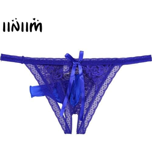Men Gay Hole Sissy Bulge Pouch Crotchless Lace Thongs Briefs Bowknot Back See Through T-back G-string Underwear Underpants