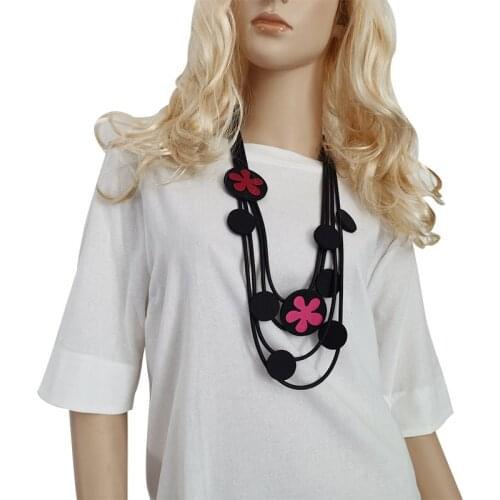 New Handmade Flower Printing Multi Layer Long Rubber Leather Necklaces Women Popular Round Button Necklace Jewelry Girl Gift