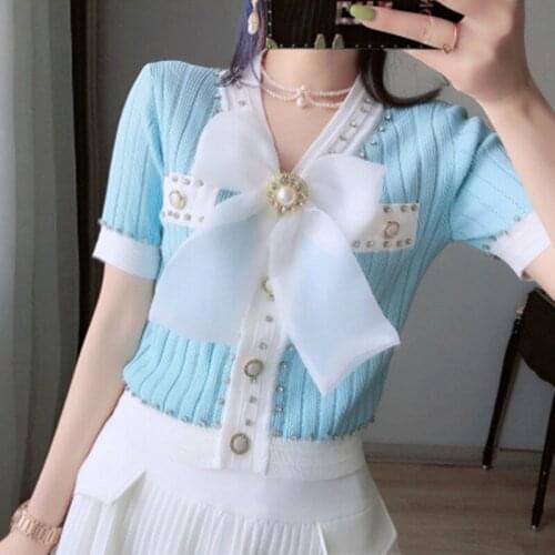 2021 New Retro French Short Sleeved V-Neck Nail Diamond Big Bow Slim Knit Top Summer Knitwear Streetwear