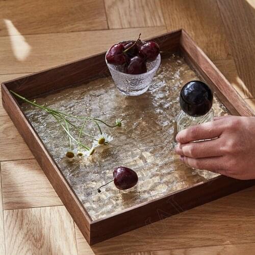 Retro Glass Storage Trays Wooden Frame Decorative Desktop Tableware Organizer Relief Fruit Tray European Kitchen Tableware