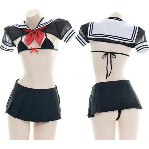 Sexy School Girls Cosplay Bikini JK Uniform Student Outfit Set Lingerie See Through Bra & Panties & Smock Set Shimapan Bikini