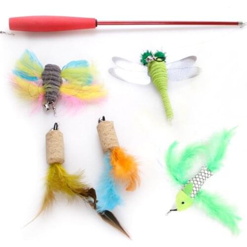 Three-section retractable cat toy with 5 replacement head Rod Teaser Wand funny cat stick Pet Toys for Cats Interactive toy