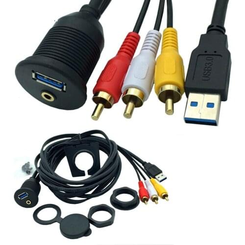 USB 3.0 Male to USB3.0 & 3.5mm Female AUX RCA Mount Flush Extension Cable for Car Boat Motorcycle Dashboard