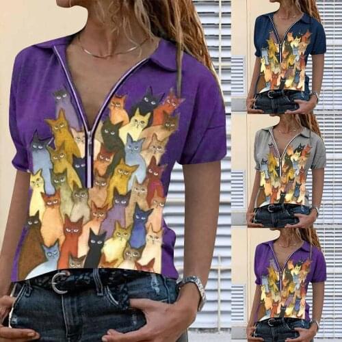 Women Short Sleeve Lapel Zipper T-Shirt Retro Fashion Cartoon Cats Printing Blouse Top Daily All-match Lovely Girls T-shirt