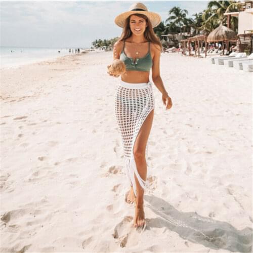 Womens Sexy Sheer Hollow Knit Skirt Split Tassels Beach Skirt Cool Summer Beach Cutout Skirt