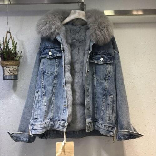 2020 winter Korean version of the new loose and thin fox fur collar thick rabbit fur liner denim plus velvet jacket female trend