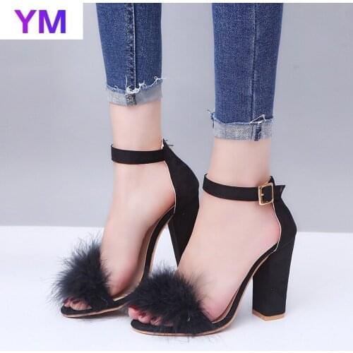 New Style Women Sexy High Heel Sandals Rabbit Hair Feather Buckle Square Heel Sandals Solid Color Fashion Casual Shoes Size35-43
