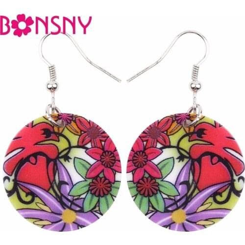 Bonsny Flower Pattern Bohemian Drop Hoop Dangle Round Long Earrings For Women Fashion Jewelry 2017 New Spring Summer Accessories