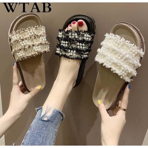 WTAB fashion summer women slippers 2019 pearl Korean slides women shoes Anti-slip Zapatos ladies Beach Sandals pantuflas shoes