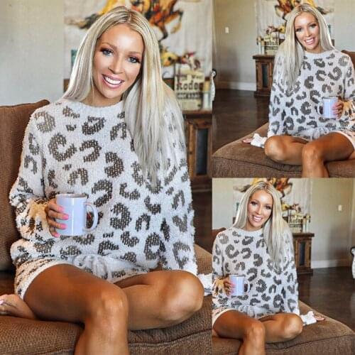 Women 2 Piece Sets Knitted Long Sleeve Pullover Shorts Two Piece Printed Casual Pyjama Tracksuit Lounge Wear Outfits Suits 2XL