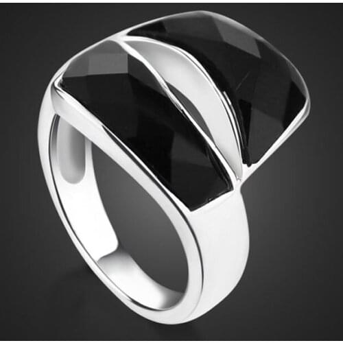 Fashion Retro Black Crystal Zircon Ring 100% 925 Sterling Silver Wide Rings for Women. Wholesale silver jewelry Christmas gifts
