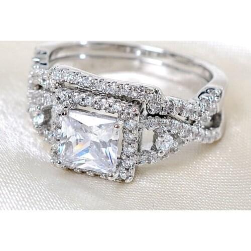 Size5-11 Luxury Lady Engagement Ring set square cut white AAA Cubic Zirconia 925 sterling silver WomenWedding Ring set gift