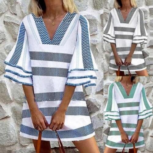 Women Dress Wave Pattern Loose 3 Colors Women V Neck Stripe Dress Summer Ladies Casual Simple Mini Dresses Womens Clothing