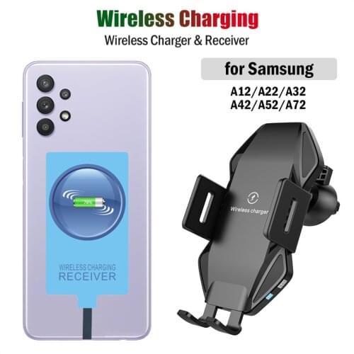 Qi Car Wireless Charging Stand for Samsung Galaxy A12 A22 A32 A42 A52 A72 4G 5G Wireless Charger&Type-C Receiver USB C Adapter