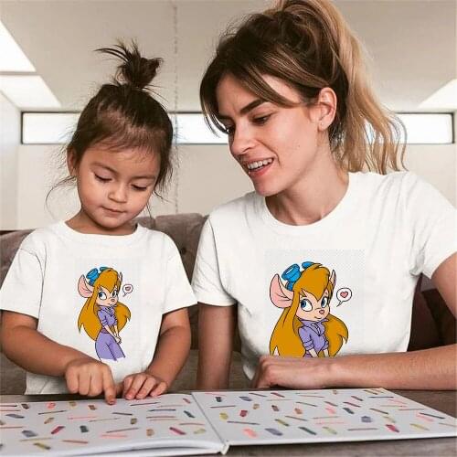 Disney Cartoon Chip Dale Printed Funny Family Matching Clothes Summer White O-neck Mommy And Me Tshirt Family Look Outfits