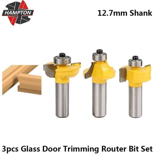 Hampton 12.7mm Shank Glass Door Trimming Router Bit For Wood 3pcs Convex Milling Cutters With Bearing Guides 2 Flutes End Mill
