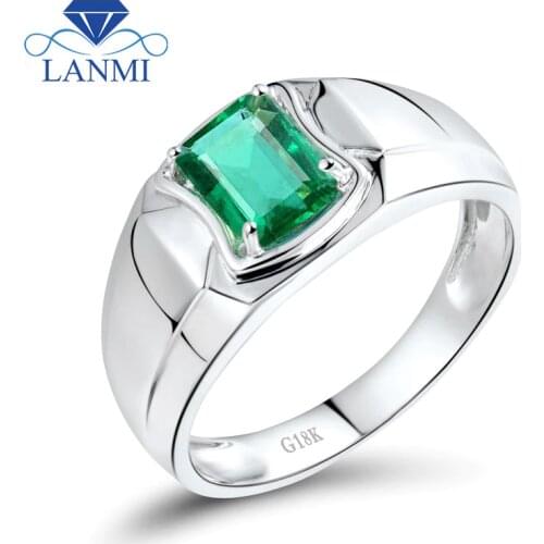 Emerald Gemstone Rings In Solid 18k White Gold Natural Emerald Wedding&Engagement Mens Ring Colombian Jewelry WU292