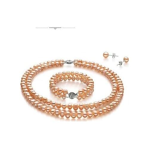 100% Natural Pink Color Freshwater Pearl Necklace Bracelet Earrings Jewellery Set,Perfect Women Birthday Party Gift