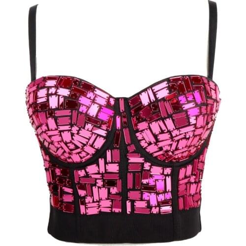 Summer Woman Sexy Laser Paillette Vest Crop Top Corset Women Bling Sequin Push Up Bra Backless Bustier Party Club Body Shapewear