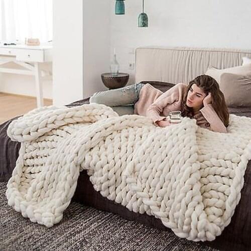Fashion Hand Chunky Knitted Blanket Thick Yarn Wool-like Polyester Bulky Knitted Blankets Winter Soft Warm Throw Drop Shipping