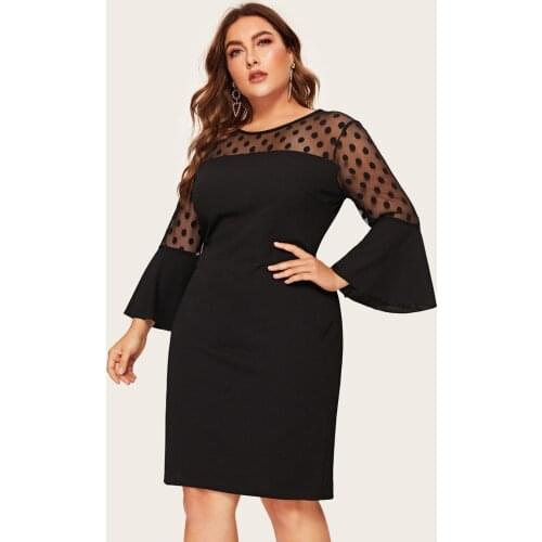 Fashion Dresses For Women Plus Size O-neck Flare Sleeve Sexy Party Dress Polka Dot Mesh Patchwork Midi Dress Vestidos De Mujer