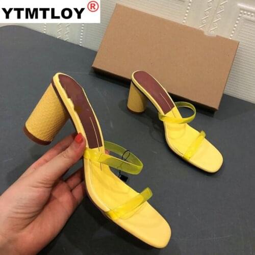 New Chunky Heel Sandals Open Toe with Transparent Square Head Middle and High Heel Slipper Summer Square Heel Flip Flop