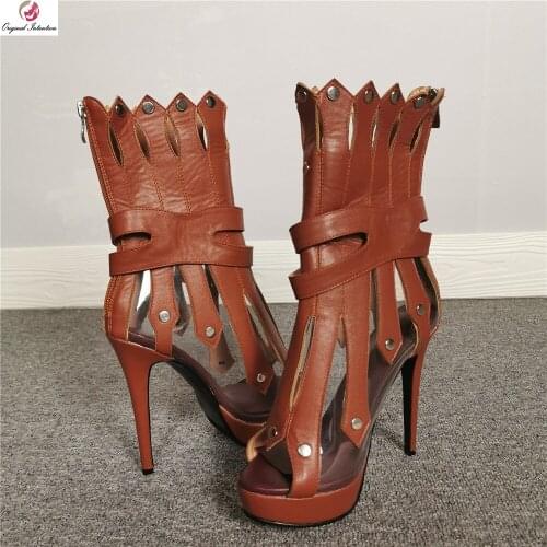 Original Intention Fashion Rome Style Brown Ankle High Sandals Woman High Platform Super High Stiletto Heels Sexy Charming Shoes