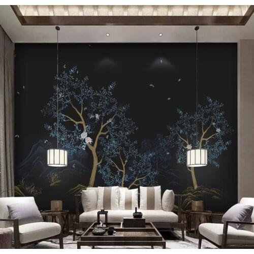 Custom mural wallpaper 3D space blue leaves black background wall decoration painting