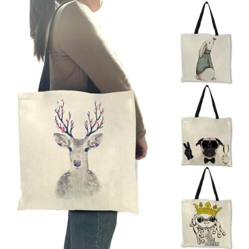 Nordic Animal Reusable Shopping Bag Bulldog Deer Print Linen Tote Bags For Women Lady School Shoulder Bags