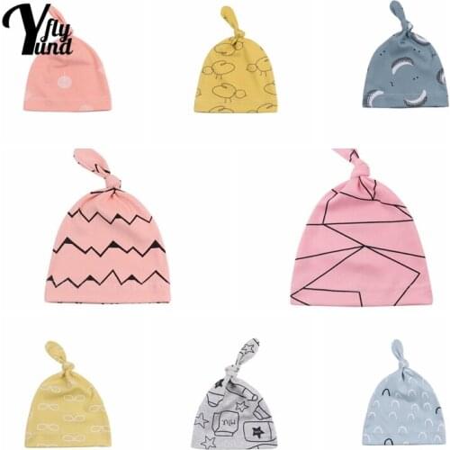 Yundfly Fashion Cartoon Print Knotted Newborn Sleeping Caps Soft Comfortable Knitted Cotton Infant Beanie Hats Hair Accessories