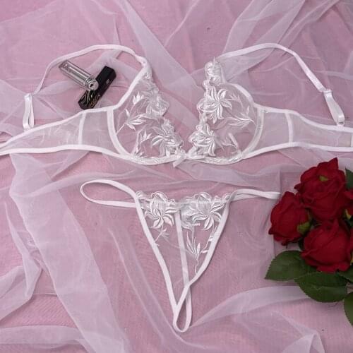 2021 Transparent thong bra sets sexy lingerie temptation lace three-point lingerie set underwear set lace mesh women Bralette