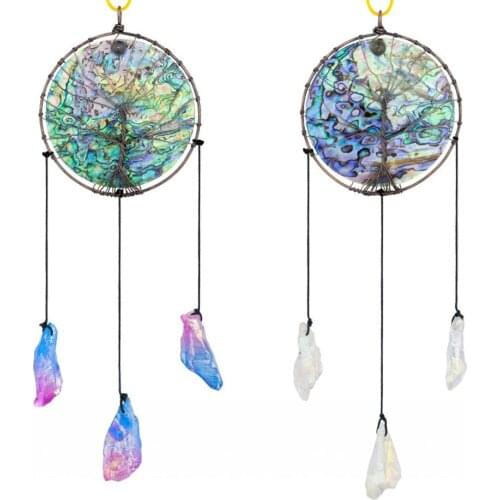TUMBEELLUWA Abalone Shell Tree of Life Hanging Ornament with Titanium Coated Crystals Points Pendant for Window Home Decor