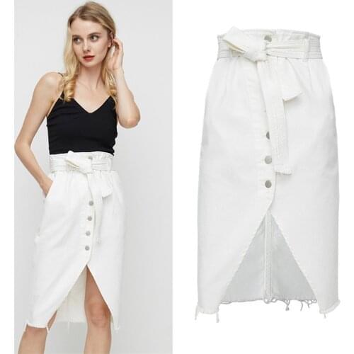 LOGAMI High Waist Irregular Split Midi Denim Skirts Womens Summer Autumn Knee Length Pencil Skirt OL Skirt With Sashes White