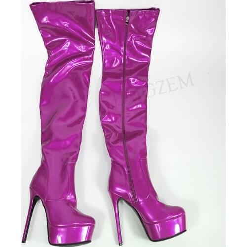 LAIGZEM Trendy Women Thigh High Boots Patent Zip Up Heeled Boots Over Knee Frauen Stiefel Shoes Woman Large Size 39 42 47 50 52
