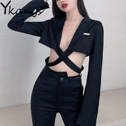 Sexy High Street Black Short Suit Coat Women Irregular Crossing Design V Neck Cropped Tops Blazer Korean Fashion Slim Short Coat
