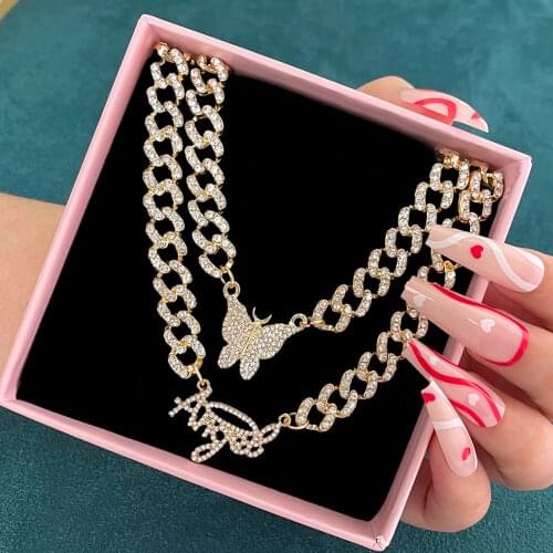 Flatfoosie 2Pcs/Set Iced Out Cuban Link Chain Necklace for Women Bling Crystal Butterfly Angel Pendant Necklace Hip Hop Jewelry