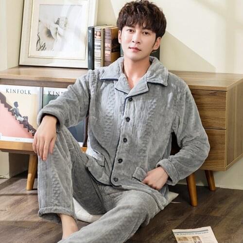 Winter Mans Coral Fleece Pajamas 2 Pieces Lounge Sleepwear for Men Pijama Bedgown Home Lounge Clothes Grey Warm Thicken Pyjamas
