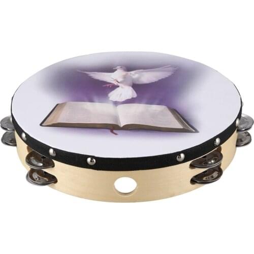 10 Inch Wooden Tambourine Pigeon Bible Music Percussion Instrument Tambourine Double Tambourine Row Jingle Percussion Instrument