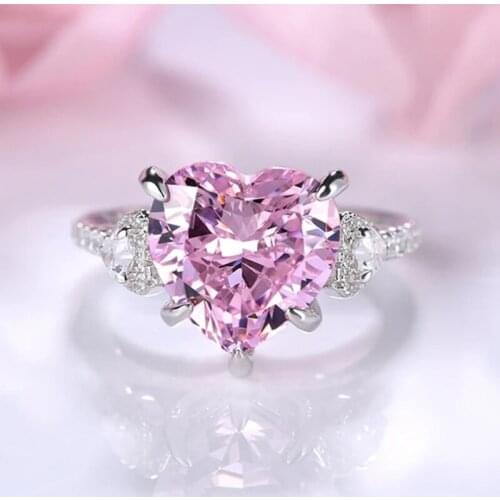 100% 925 Sterling Silver Pink Love Heart Created Pink Gemstone Engagement Rings for Women Sparkling Bridal Wedding Fine Jewelry