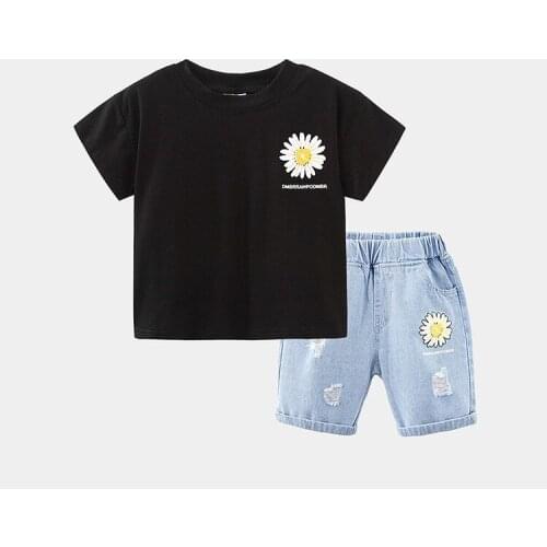 2021 2pcs Summer Baby Boy Children Gentlman Flower Printing Suit Tops + Denim Short Boys Clothes Kids Clothes sets 2-7