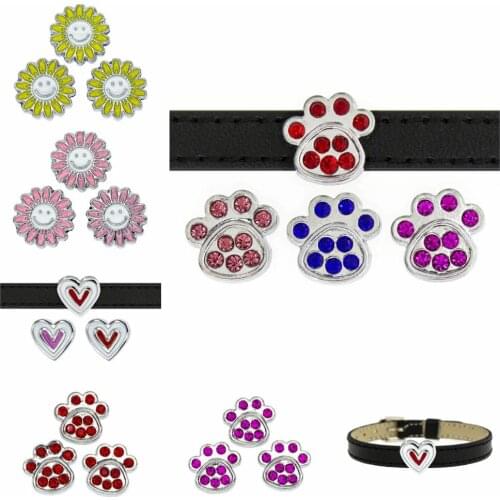 50pcs rhinestone footprint paw heart flower Slide Charms DIY Accessories Internal Dia 8mm fit 8mm bracelets pet collar key chain