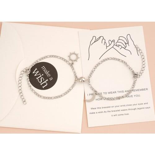 2pcs / set stainless steel sun moon couple Bracelet magnet attracts love jewelry for women and men NK chain bracelets card gifts