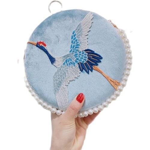 Brand designer embroidery Velvet evening clutch bags wedding party Day clutches purse luxurious Pearl chain shoulder bag MN1365