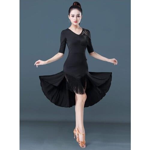 Black Fringe Latin Dance Skirt Attached Lace Tassel with Mid-length Sleeves Women Practice Dancewear Chacha Rumba Dress B0043