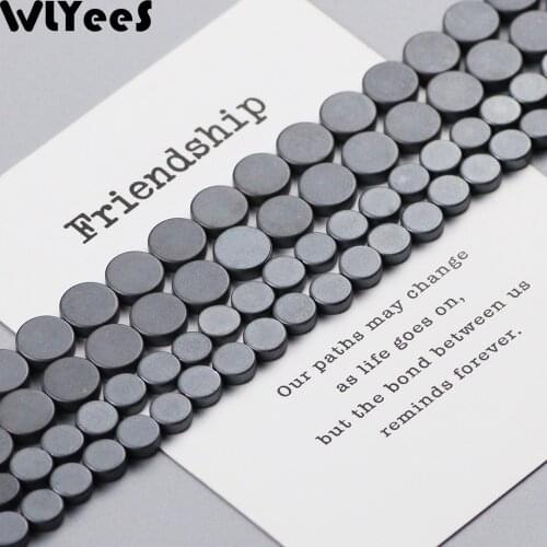 WLYeeS Black Matte Hematite Natural Stone Beads Flat Round Coin 6/8mm Spacer Loose Beads for DIY Jewelry Bracelet Earring Making