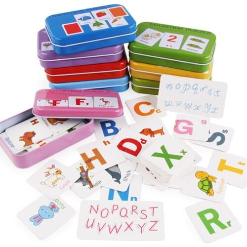 Wooden Puzzle Cartoon Toy 3D Iron Box Package Jigsaw Puzzle for Children Early Educational Montessori Toy Learning card