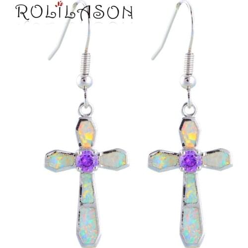 Women accessories Popular Cross design White Fire Opal Silver Stamped Drop Earrings Zircon Fashion Jewelry OE402