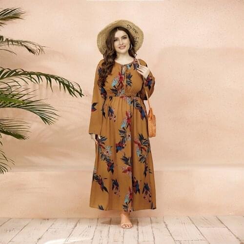 DOIB Floral Print Large Size Dress Women Orange Elastic Waist Full Sleeve Plus Size Bohemia Loose Casual Dresses 4XL